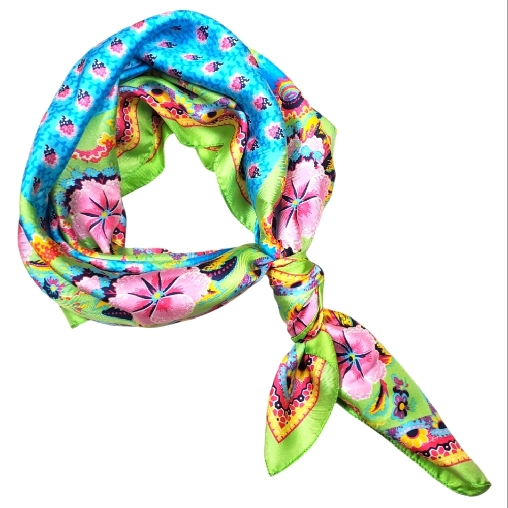 Vibrant Floral Scarf - Blue and Green. 26" x 26"